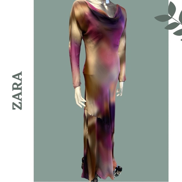 Zara Watercolor Floor Length Chiffon Evening Dress Backless Lined Size Large - Picture 3 of 9